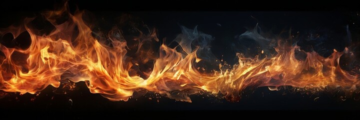 Fototapeta premium a dynamic scene of intense flames, with the fire's orange and yellow hues contrasting against the dark background. The flames are arranged in a wave-like pattern, creating a