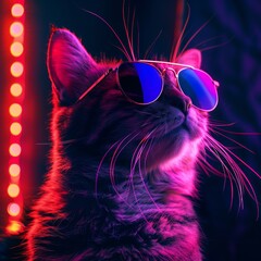 Naklejka premium Vintage cat in sunglasses, neon lights, retro vibes