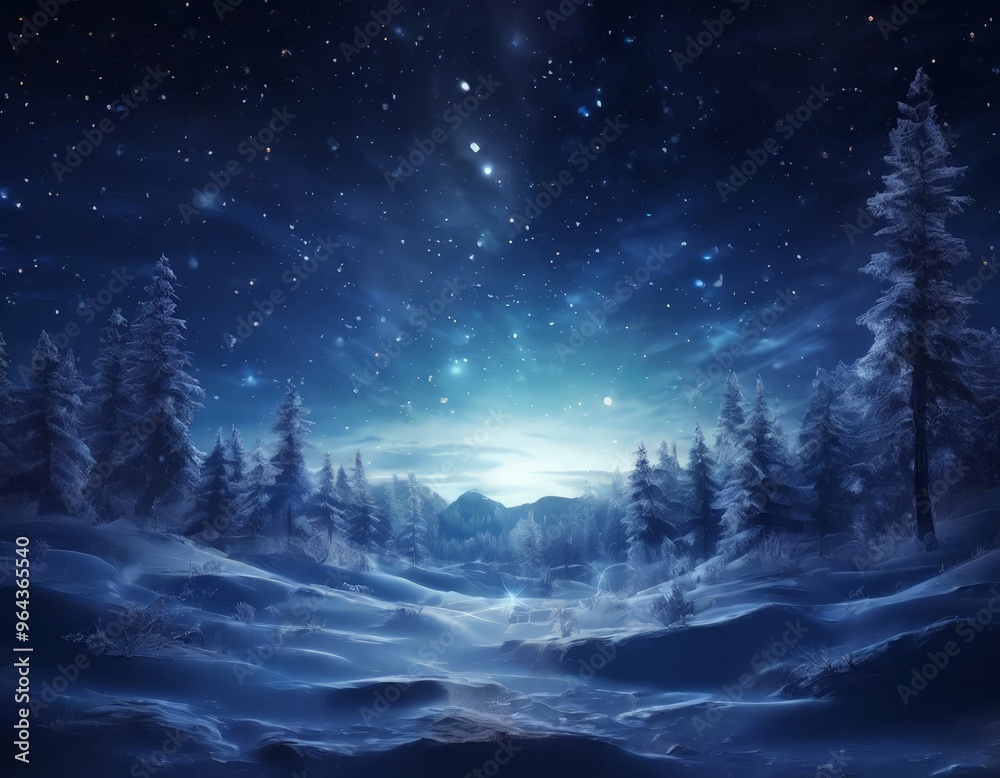 Wall mural A serene winter landscape features a starry night sky, snow-covered trees, and a glowing moonlight illuminating the scene.