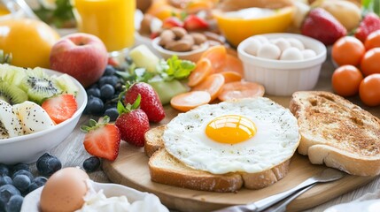 Breakfast spread with eggs toast