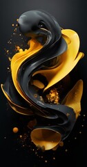 a black and yellow abstract shape, with splashes of yellow and black paint, creating a dynamic and visually striking composition.
