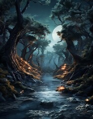 Fototapeta premium A moonlit forest scene with a winding stream and glowing mushrooms, surrounded by towering trees and a full moon.
