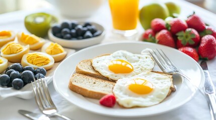 Breakfast spread with eggs toast