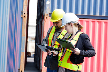 Engineers inspecting containers, container shipping systems.