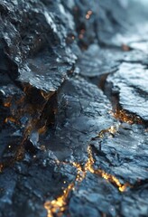 Obraz premium a close-up view of a rocky surface with a dark, cracked texture. The surface is illuminated by a warm, golden glow, creating a striking contrast between the dark and the light.