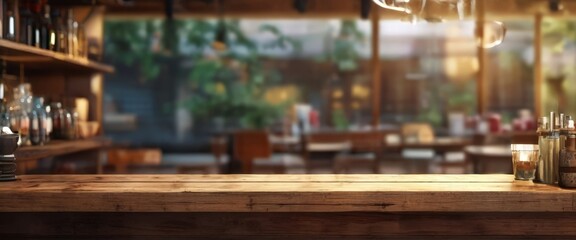 Naklejka premium A wooden bar counter with bottles and glasses on it, set against a blurred background of a restaurant or bar setting with a large window and greenery outside.