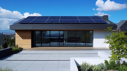 Modern House with Solar Panels and Patio