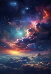 Fototapeta premium a breathtaking view of a starry night sky, with vibrant clouds and a warm, glowing sunset. The sky is filled with numerous stars, and the clouds are illuminated by the setting