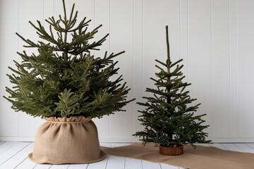 Fototapeta premium Rustic Christmas Spruce Tree in Burlap Pot on Minimalist White Background