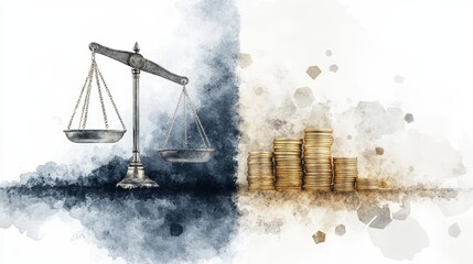 A symbolic representation of justice and finance, featuring a balance scale on one side and stacks of coins on the other.