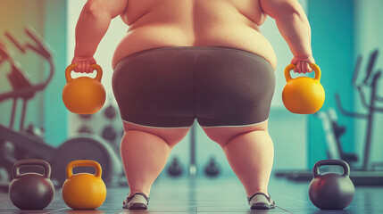 Fat person lifting kettlebells in gym, promoting fitness and strength training. Focus on lower body, rear view.