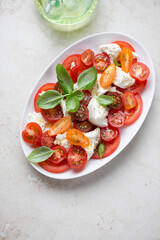 Plate of caprese salad with torn mozzarella, tomatoes and green basil, vertical shot on a light-beige stone background, high angle view