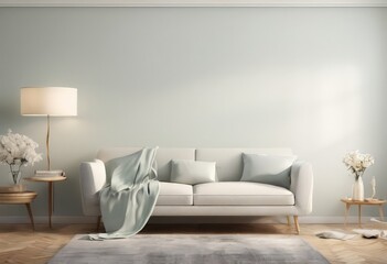 A modern living room with a white sofa, a side table with a lamp, and a vase of white flowers, all set against a light blue wall.