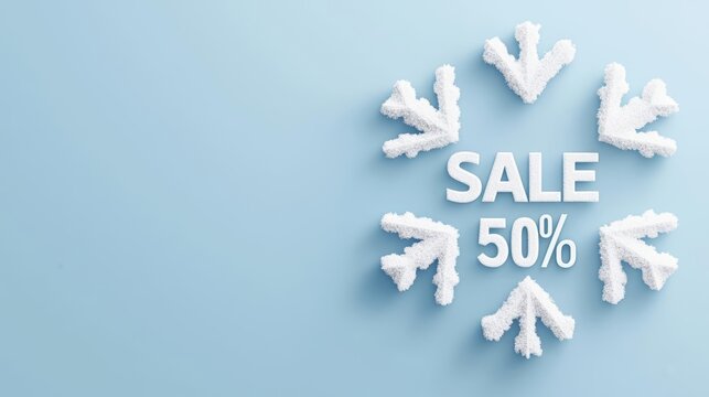 Promotional winter sale featuring a snowflake design and a bold '50% SALE' message against a light blue background.