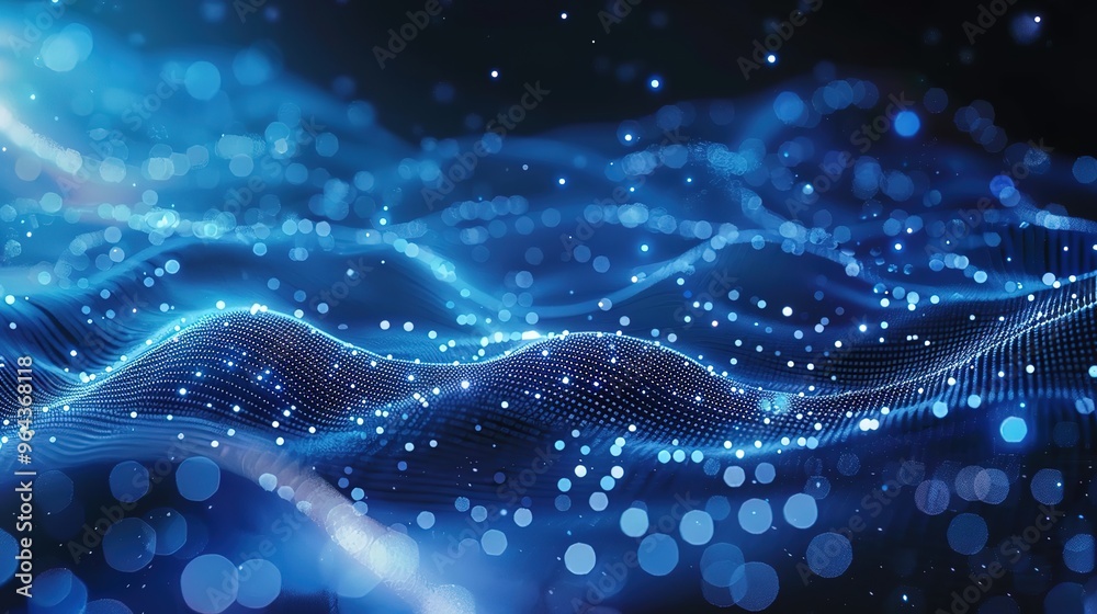Poster Abstract digital wave of particles. Futuristic point wave. Technology background hyper realistic, digital waves in blue tones, depicting data flow concept. Ideal for technology and cyber themes. Dynam