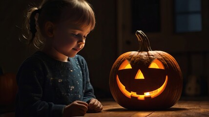 young child and a carved jack-o'-lantern with a glowing face inside dark room. Halloween concept