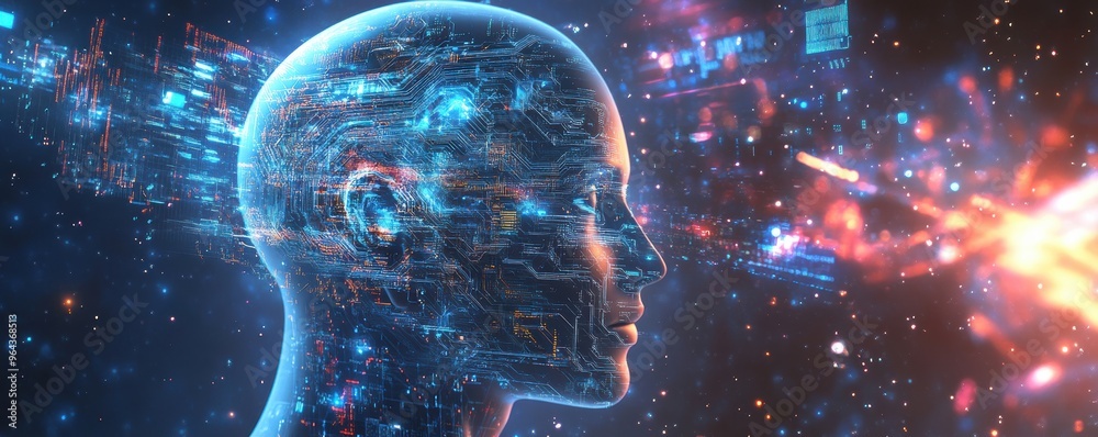 Poster futuristic digital illustration of a glowing ai head with circuits visualizing advanced technology a
