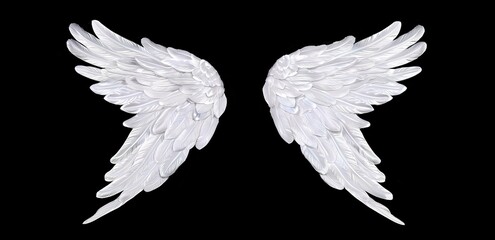 Pair of white angel wings isolated on black background. Perfect for adding a spiritual touch to your designs.
