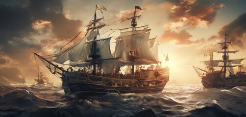 Obraz premium a dramatic scene of three large sailing ships navigating through rough seas under a dramatic sky. The ship in the foreground is the largest and has a prominent mast, while the