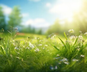Fototapeta premium A field of white flowers in the foreground, with a blurred background of trees and a blue sky.