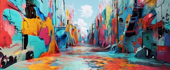 a vibrant, abstract cityscape with buildings painted in a variety of bright colors, including blue, pink, yellow, and orange, creating a dynamic and visually striking scene.