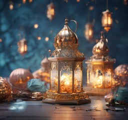 Obraz premium A golden lantern with a dome and intricate designs sits on a table, surrounded by other golden lanterns and a blue and gold background with twinkling lights.