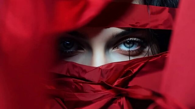Woman restricted by blood red banner. Concept on the topic of freedom of speech, censorship, freedom of press. International Human Right day. Taliban law bans women from speaking in public