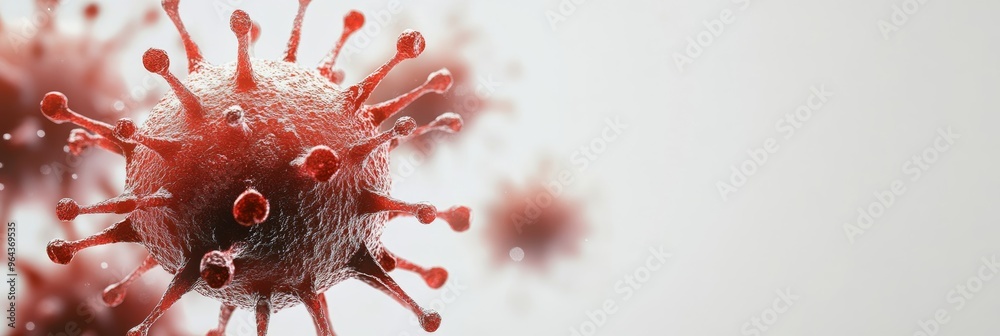 Poster close-up 3d illustration of the red monkeypox virus on a white background depicting mpox outbreak an