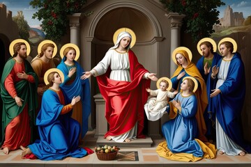 Naklejka premium Celebrating Joyous Annunciation to Virgin Mary A Spiritual Illustrated Narrative