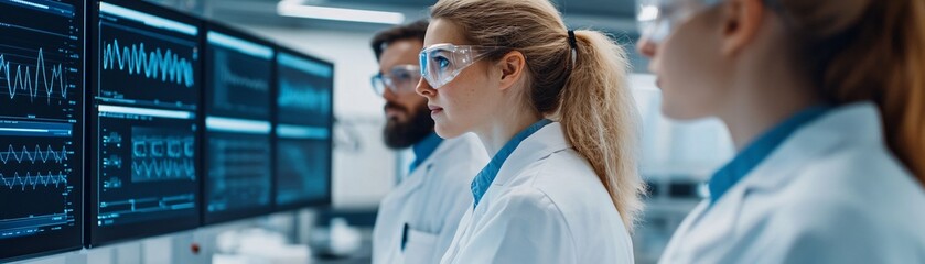 Team of scientists discussing genetic data displayed on transparent holographic screens in a futuristic lab.