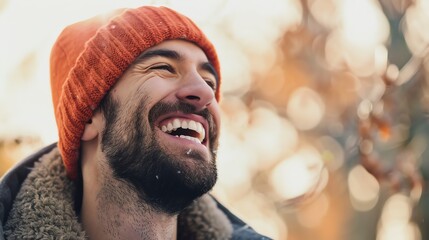 A close-up of a man wearing an orange beanie laughing.