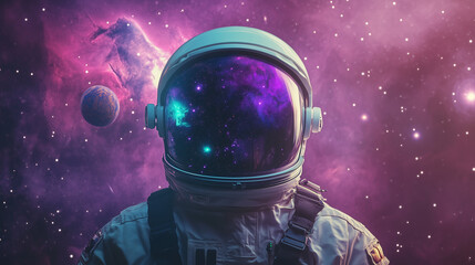 Astronauta dryfuje w głębi kosmosu, otoczony przez zapierający dech w piersiach widok gwiazd i galaktyki. Jego hełm, w którym odbija się purpurowo-niebieska mgławica, wygląda jak okno do innego świata