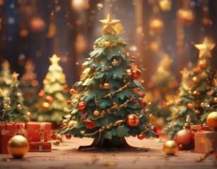 A festive Christmas scene with a small, intricately decorated tree in the center, surrounded by other trees and ornaments, with a blurred background of lights and snowflakes.