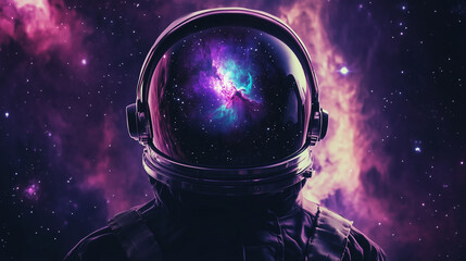 Astronauta dryfuje w głębi kosmosu, otoczony przez zapierający dech w piersiach widok gwiazd i galaktyki. Jego hełm, w którym odbija się purpurowo-niebieska mgławica, wygląda jak okno do innego świata