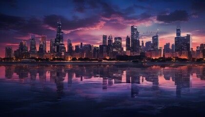 Obraz premium a city skyline at sunset, with the buildings' reflections mirrored in the calm waters below. The sky is painted in deep shades of purple and pink, creating a dramatic backdrop