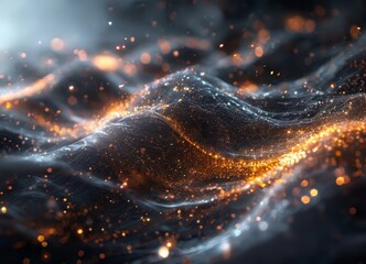 a dynamic, abstract scene of swirling, glowing particles in shades of orange and black, creating a sense of movement and energy.