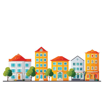 cityscape, houses and greenery, vector icon, in a row
