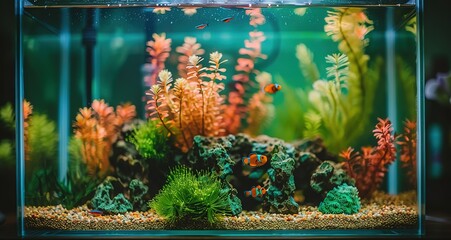 A colorful freshwater aquarium with fish swimming among artificial plants and rocks. A peaceful and beautiful underwater scene.