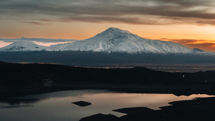 Mount Ararat at sunset, snowy peak of the volcano