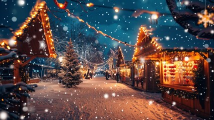Twinkling lights on snowy night, cozy winter festival