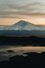 Mount Ararat at sunset, snowy peak of the volcano
