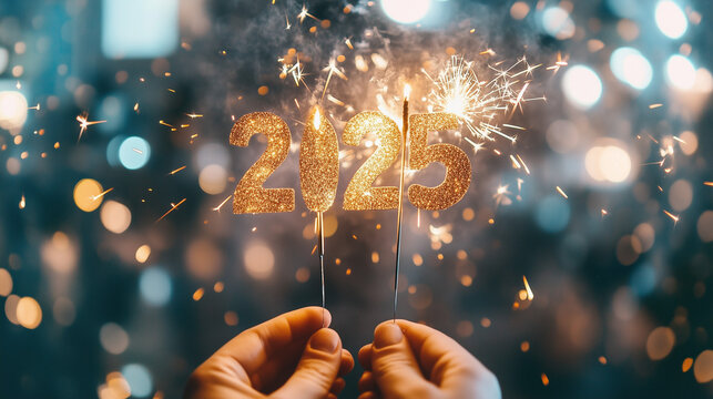  Noworoczna kartka na 2025 rok emanuje radością i nowoczesnym stylem. Złote cyfry &bdquo;2025&rdquo; są dynamicznie ułożone w centralnej części, a wok&oacute;ł nich wirują kolorowe fajerwerki i rozbłyskujące iskierki. 