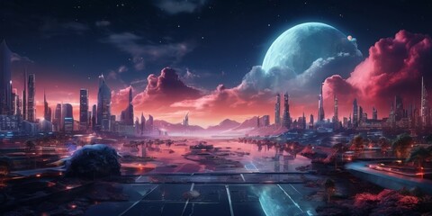 Obraz premium The city of the future, a futuristic metropolis, is bathed in the soft glow of a large, luminous moon. The cityscape is a blend of towering skyscrapers and futuristic