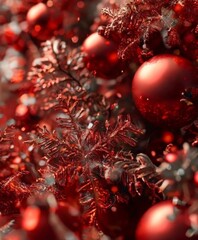 A close-up view of a Christmas tree adorned with red ornaments and greenery, with a blurred background suggesting a festive atmosphere.