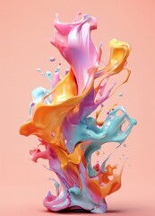 Fototapeta premium a vibrant, abstract composition of fluid, multicolored paint splashes in various shades of pink, orange, blue, and purple against a peach background.