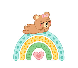 Cute girl bear lies on a cartoon rainbow and dreaming. Cartoon, kawaii, vector.