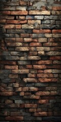 Obraz premium a close-up view of a brick wall, with the bricks varying in shades of red, brown, and gray. The bricks are arranged in a staggered pattern, creating a textured and weathered appearance.