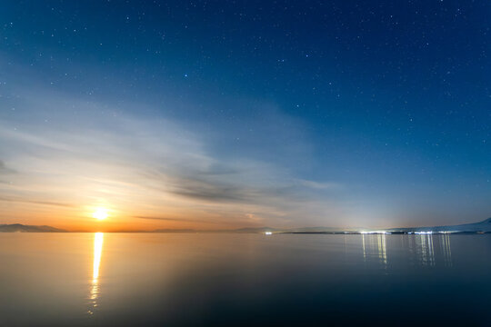moonrise over mountain lake at night, Sevan in Armenia