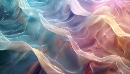vibrant abstract composition of flowing, multicolored fabric, with a gradient of blue, pink, and orange hues. The fabric appears to be made of silk or a similar material,