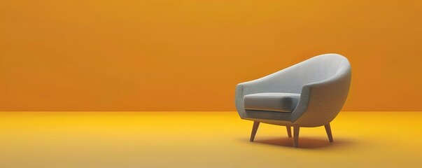A single, grey armchair sits against a bright yellow wall. Minimalist design, simple furniture.